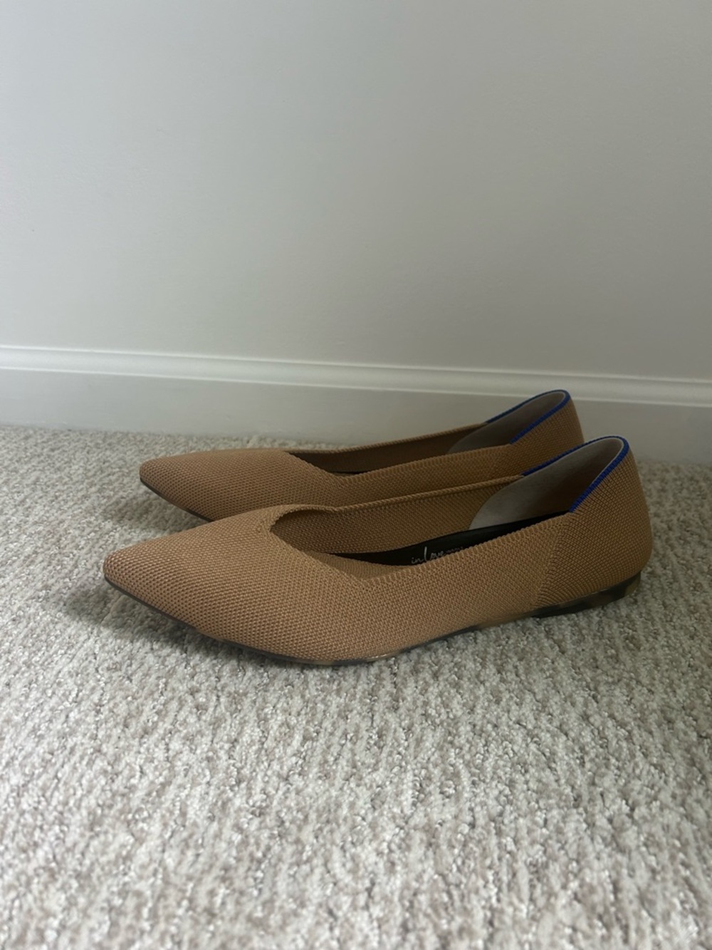 Rothy's Pointed Toe Flats in Tan with Blue Trim